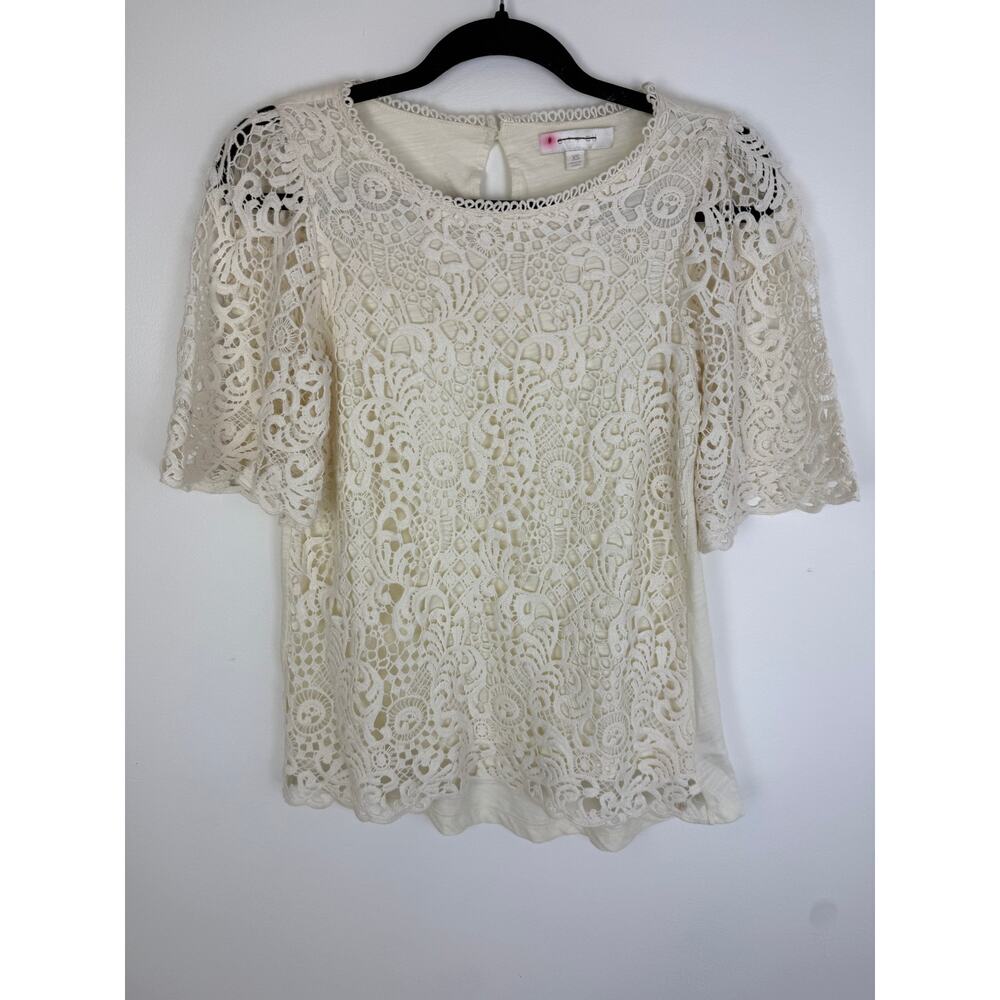 Eri + Ali Anthropology Womens Round Neck Trim Overlay Sleeve Cream Blouse XS